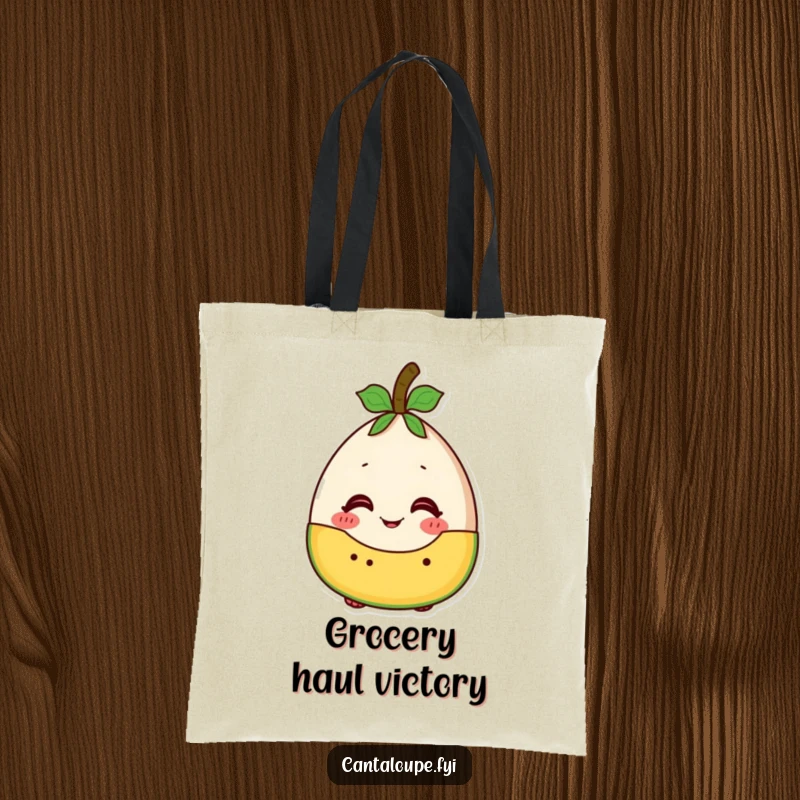 Funny cantaloupe character looking excited to be part of a fruit salad, a humorous and practical tote bag.