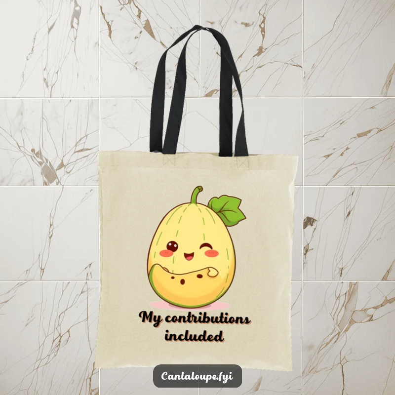 Funny Tote Bag: An anthropomorphic cantaloupe cheerfully offers a slice of itself, perfect for carrying groceries with a fruity twist.