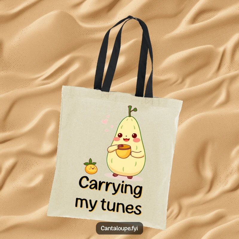 Funny Tote Bag: Cantaloupe character playing a tiny bongo drum with a melon scoop, a musical and practical accessory.