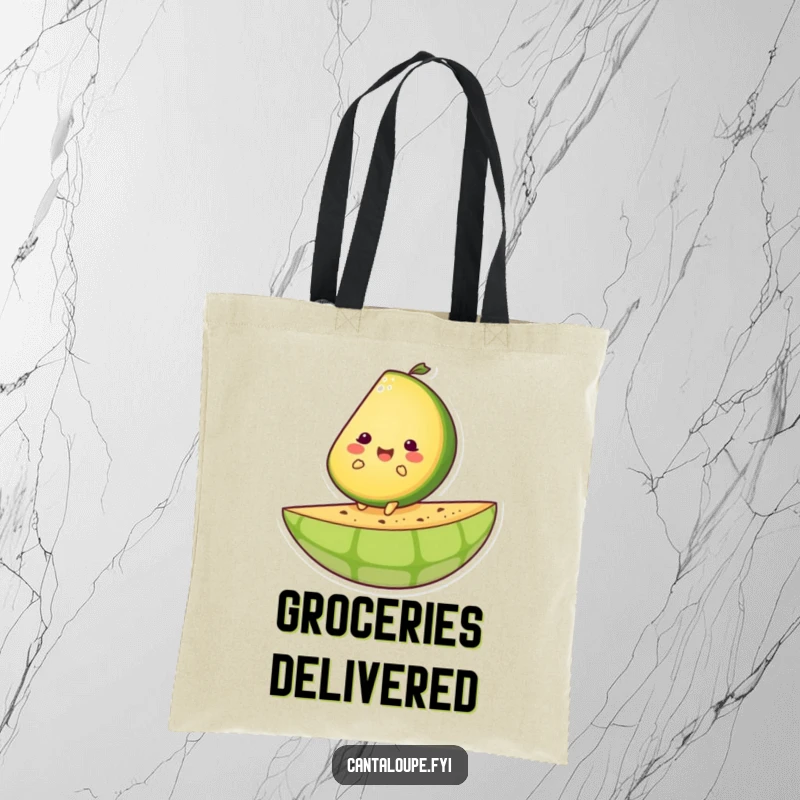 Funny tote bag with a happy cantaloupe slice character riding a giant melon rind, embodying adventure.