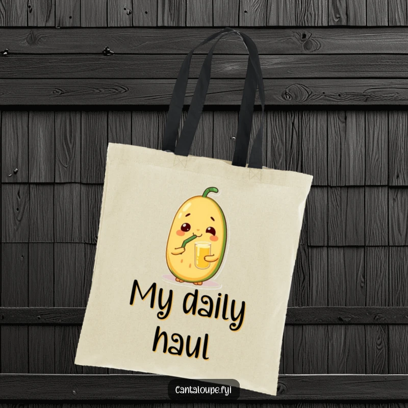 Funny tote bag featuring a cantaloupe character with a satisfied look, sipping juice through a straw, perfect for carrying everyday items.