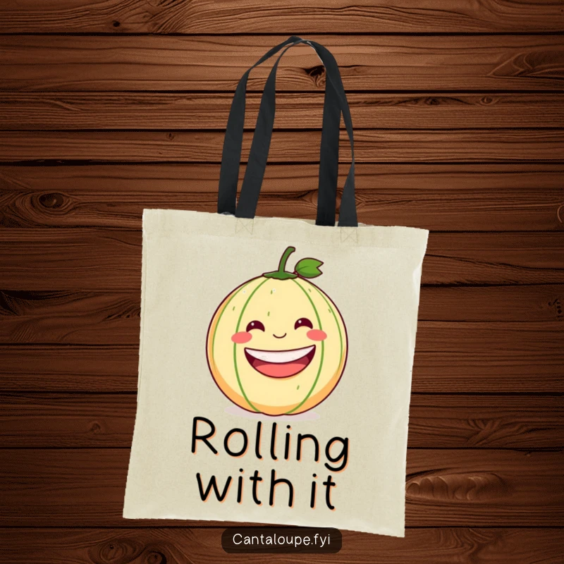 Funny Cantaloupe Tote Bag: A graphic of a cantaloupe with a wide smile rolling downhill, conveying a sense of joyous freedom.