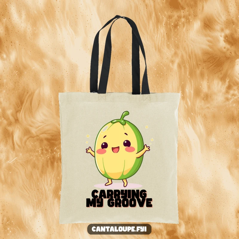 Funny Cantaloupe Tote Bag featuring a character doing a silly dance, sprinkled with sugar, perfect for carrying dance gear.