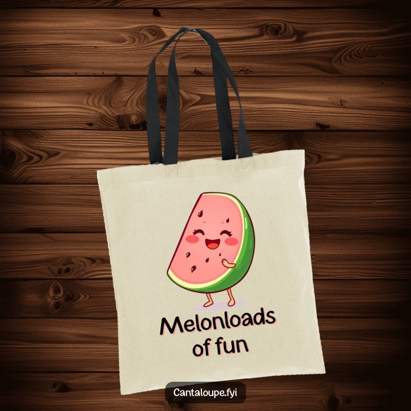 Funny tote bag featuring a smiling watermelon wedge character wiggling, perfect for carrying essentials with a dose of summer humor.