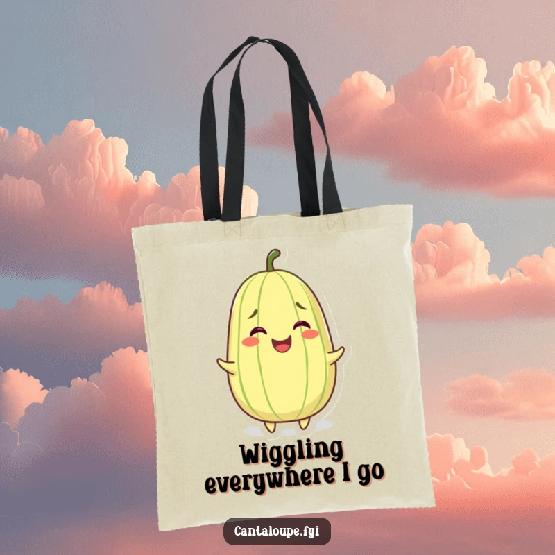 Funny tote bag showcasing a grinning cantaloupe character wiggling with pure joy, perfect for carrying daily items.
