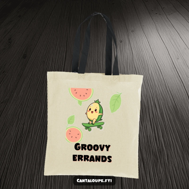 Funny tote bag featuring a cantaloupe character riding a giant watermelon like a skateboard, perfect for carrying skate gear or groceries.