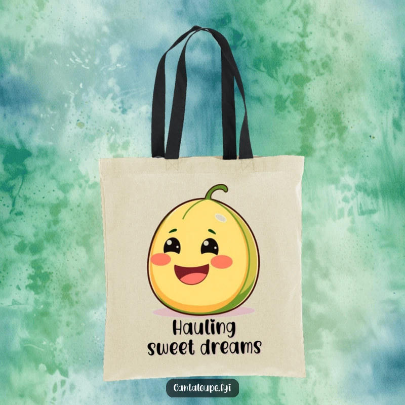 Funny Cantaloupe Tote Bag with a comically wide-smiling character, bursting with juiciness and vibrant energy for carrying errands.
