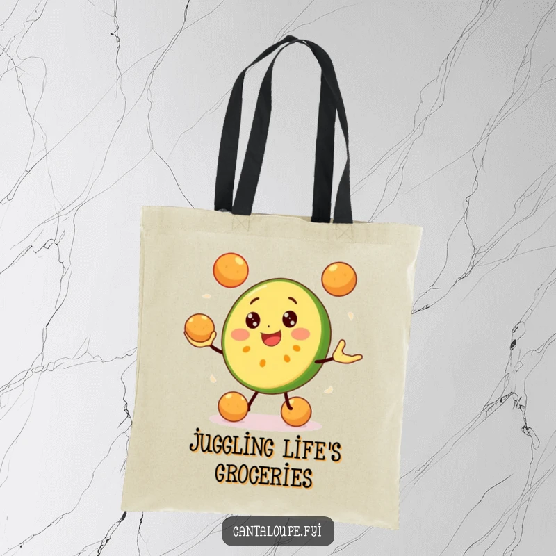 Funny Cantaloupe Slice Tote Bag: A joyful cantaloupe character juggles melon balls, showcasing impressive skills and a sunny disposition. Carry your laughs.