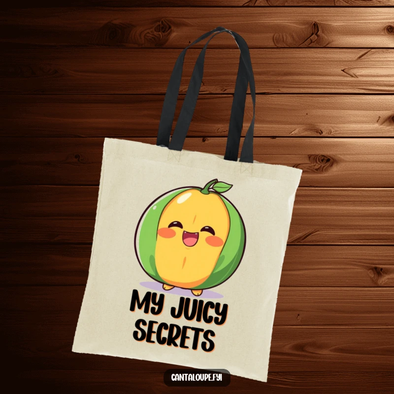Funny cantaloupe half tote bag, mid-giggle with a big, juicy laugh, showcasing a joyful and practical accessory.