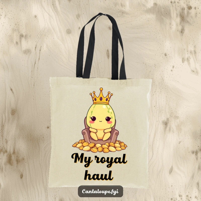 Funny tote bag featuring a cantaloupe character crowned and seated on a throne made of seeds, perfect for carrying groceries or royal decrees.