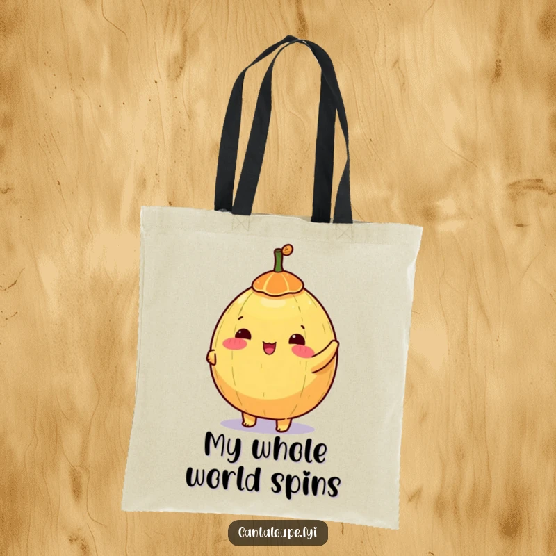 Funny tote bag with a happy anthropomorphic cantaloupe character spinning a colorful top, great for carrying anything.
