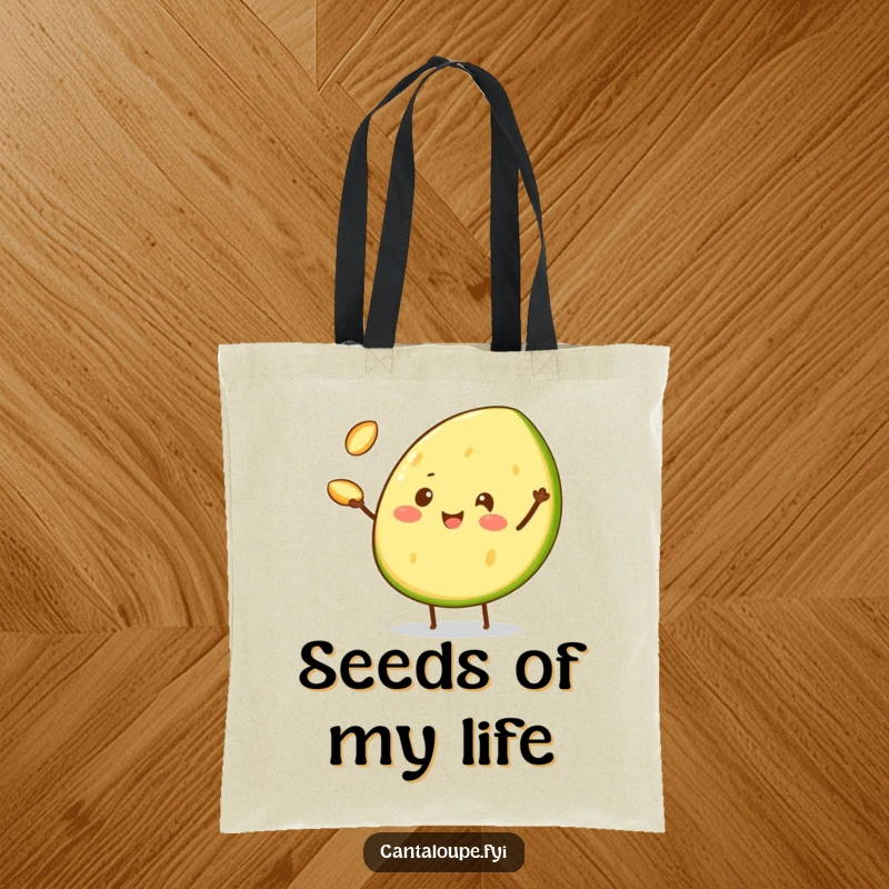 Funny Tote Bag featuring a cheerful cantaloupe wedge character juggling three tiny cantaloupe seeds, perfect for carrying items skillfully.