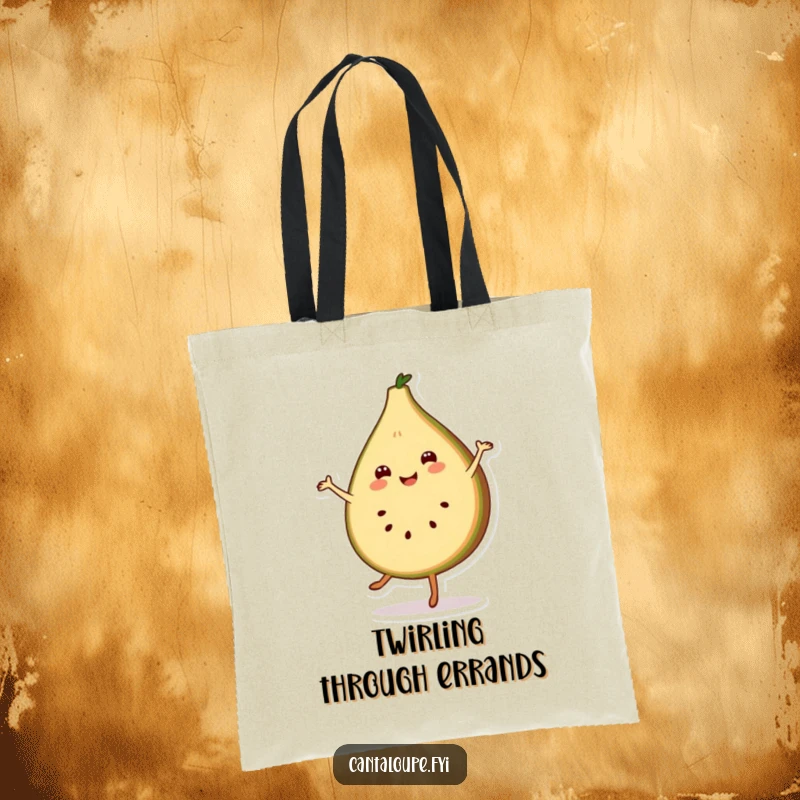 Funny tote bag showcasing a smiling cantaloupe slice character in a cheerful pirouette, perfect for carrying dance gear.